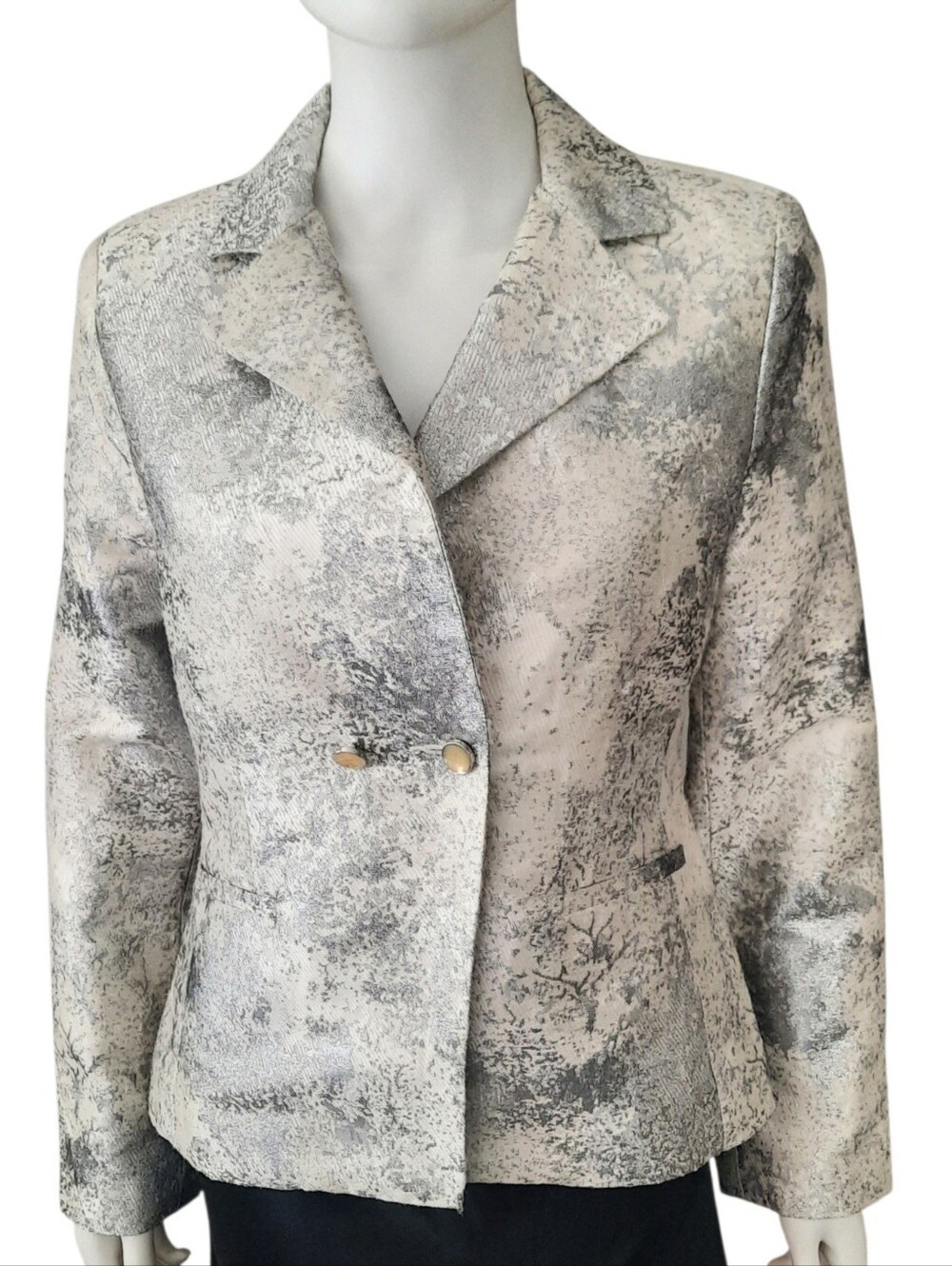 CABI Chalet Blazer #657 Double Breasted Metallic Silver/Ivory Brocade  Sz 6